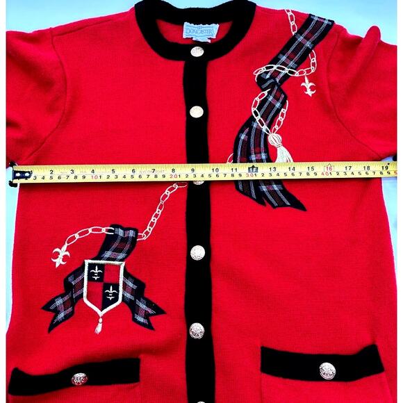 Doncaster Red Black & Gold Wool Blend Cardigan Small Plaid Accents Gold Buttons - Picture 8 of 12